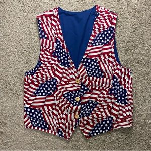 Womens 90s Vintage Vest Patriotic American USA Flag Button Front All Over Print